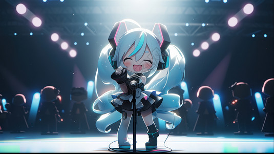 女孩在唱歌站在舞台上唱歌的卡通小女孩插画