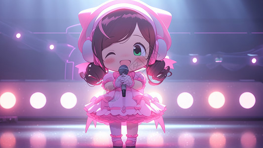 舞台上的话筒特写戴耳麦拿着话筒穿粉色裙子卡通女孩在舞台上唱歌插画