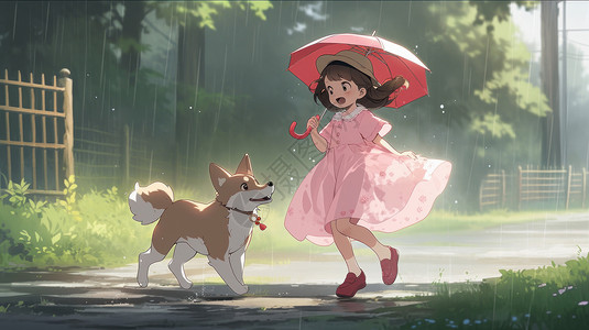 带宠物回家拿着雨伞奔跑在雨中放学回家的女孩与狗插画