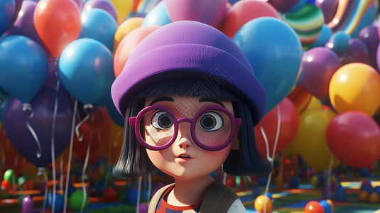 戴着紫色帽子背景满是彩色气球的卡通小女孩背景图片