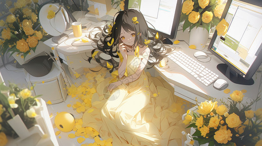 穿黄色长裙的卡通女孩躺在满是黄色花朵的电脑桌前背景图片