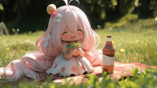 抱着食物女孩蹲在野餐垫上抱着花篮的可爱的长发卡通女孩插画