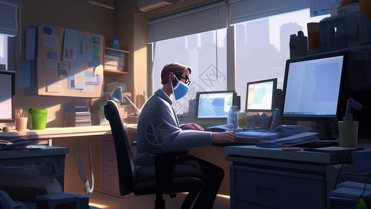 戴口罩的男人坐在办公室电脑桌前办公的卡通男人插画