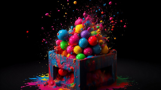 幻想盒子里彩色球爆炸飞溅出斑斓油漆背景图片