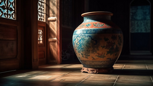 中国瓷器漂亮的装饰性中国花瓶在房间的地板上室内设计插画