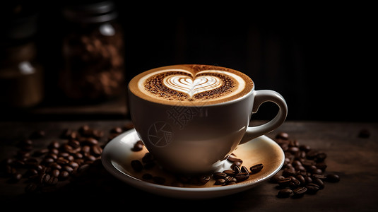 一杯布满心泡沫的卡布奇诺拿铁咖啡高清图片