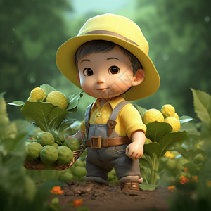 千屈菜植物菜园里的小男孩插画