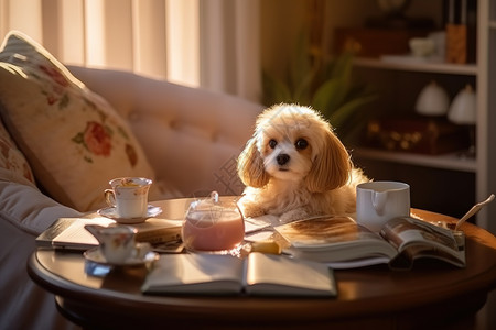 温馨家居沙发上的小狗下午茶背景图片