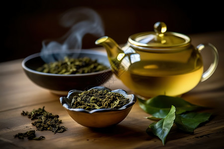 功夫茶茶桌中国泡茶茶具茶叶茶文化插画
