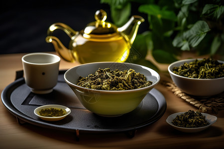 茶叶和茶具中国茶文化泡茶茶叶插画