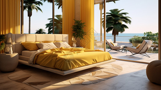 酒店的大床海边度假酒店卧室插画