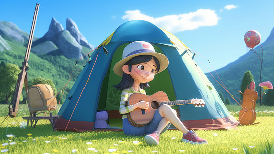 在野外露营的立体卡通女孩坐在草地上弹吉他图片