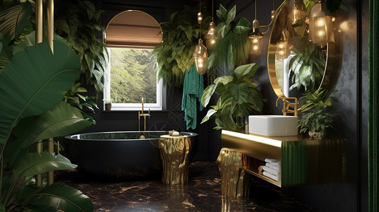 墨绿色植物复古奢华的浴室插画