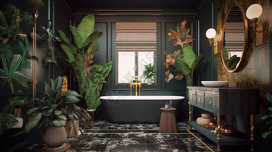 大理石浴室复古低调多植物的浴室插画