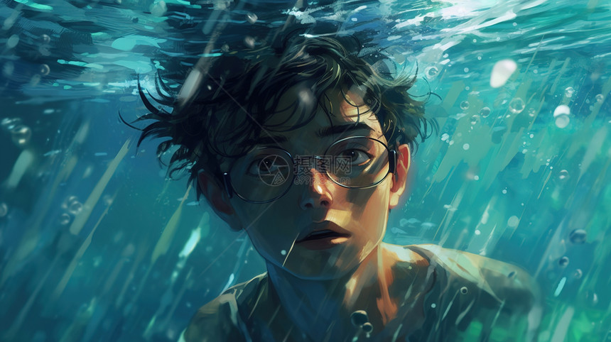 戴眼镜的男孩在水中图片