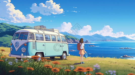 海边花朵素材女生独自海边旅行宫崎骏风格插画