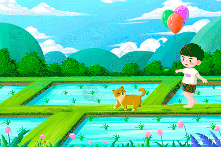 孩子与宠物走在稻田间玩耍的男孩GIF高清图片