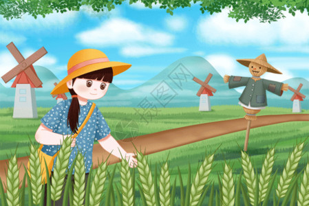 拿着麦穗农民芒种节气麦田里的女孩GIF高清图片