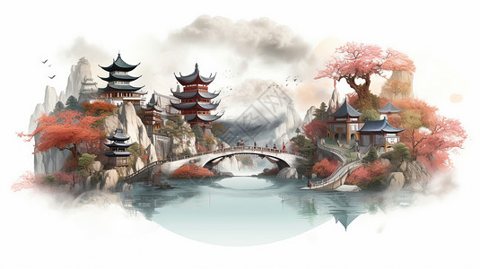 世外桃园中国古风建筑在山上的室外桃园插画