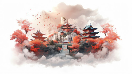 在太行山上中国风在高高的山上的古风建筑被包围插画