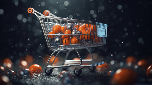 促销橘子装满彩色球的购物车设计图片