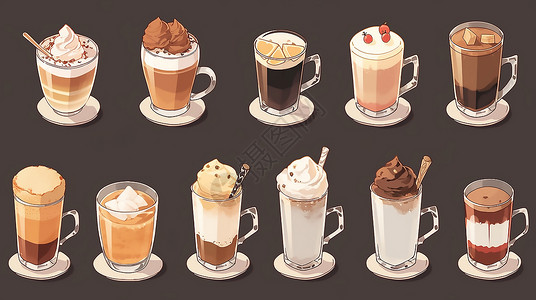 咖啡巧克力插画各种卡布奇诺咖啡组合插图插画