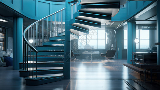室内阁楼蓝色调loft阁楼旋转楼梯设计插画