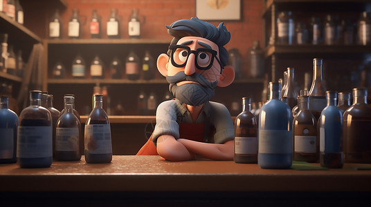酒瓶人物卡通3D人物等待客人的酒吧老板插画