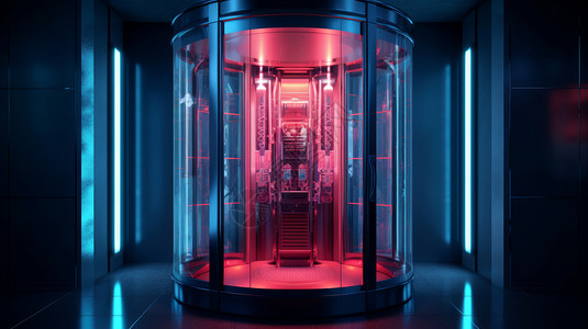 透明电梯科幻红色霓虹光透明玻璃电梯插画