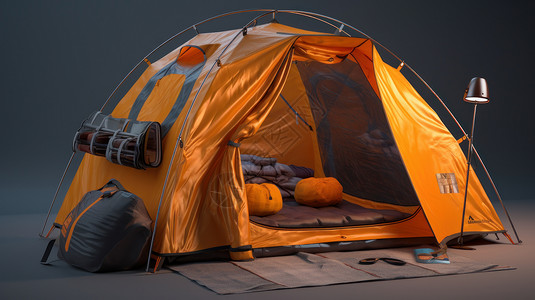 露营睡袋黄色简约的露营帐篷插画