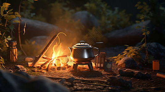 野外柴火堆夜晚露营篝火旁烧水壶正在烧水插画