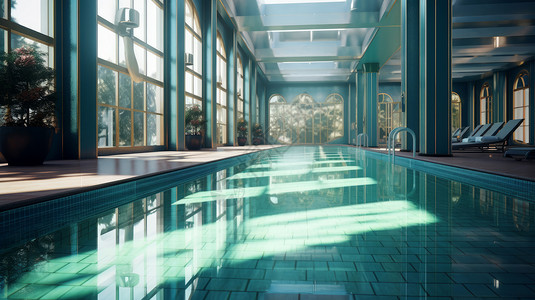 大玻璃窗干净整洁的超大游泳馆插画