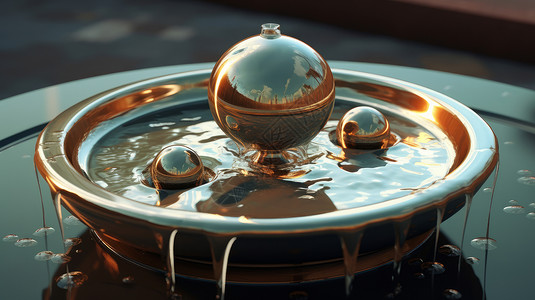 简约金属桌子现代感简约的球型正在流水的喷泉插画