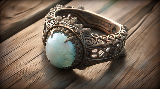玛瑙手镯木桌上的青玉宝石戒指插画