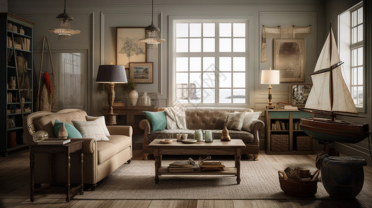 欧式复古沙发阳光透过窗户的客厅插画