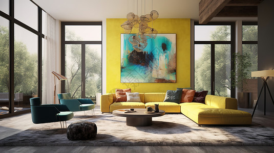 客厅颜色搭配窗外绿树葱郁的客厅插画