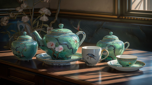中式桌子茶具阳光下的中式茶壶插画