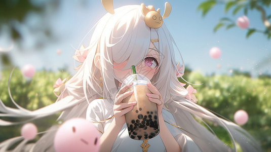 梦幻的二次元公主喝奶茶背景图片