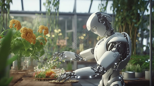 种植机器人实验室机器人在清洗植物插画