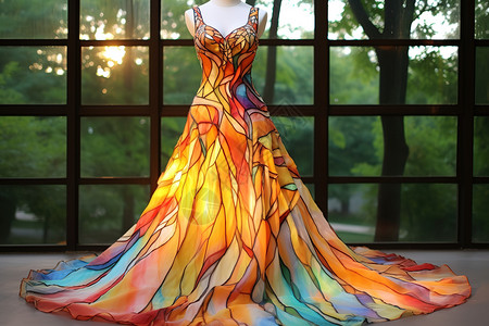 女裙玻璃彩虹气质连衣长裙插画