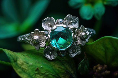 金色绿宝石戒指绿植背景衬托下的绿宝石戒指插画