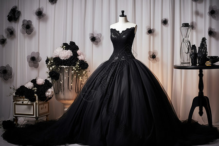 黑色晚礼服经典时尚黑色婚纱新娘礼服插画