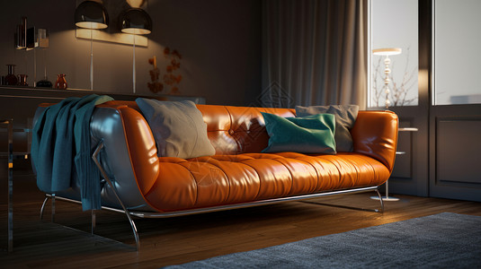 时尚真皮放在客厅棕色复古磨旧的棕色沙发插画
