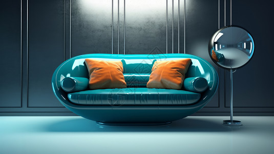 沙发实拍时尚蓝色亮皮反光沙发插画