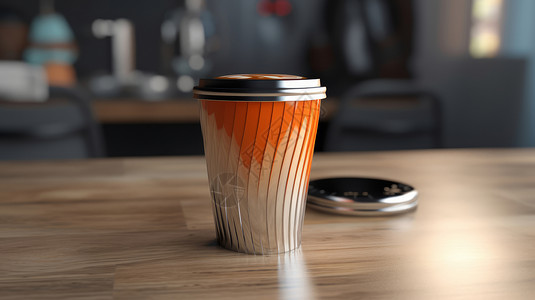 时尚的咖啡瓦楞杯放在桌子上高清图片