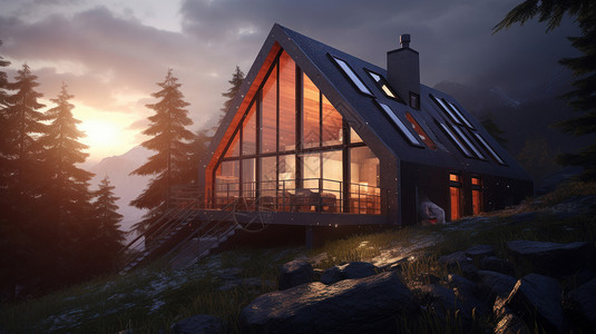 夕阳中山顶上亮灯温馨的小屋插画