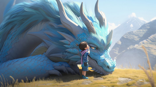 和趴在草地上的蓝色巨龙说悄悄话的卡通小男孩背景图片