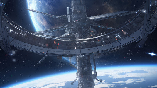 科幻巨大星球外太空的卡通空间站背景图片