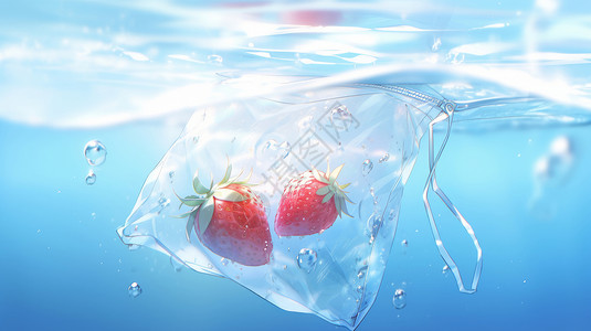 密封带卡通草莓放在密封白色的袋子掉到水里插画