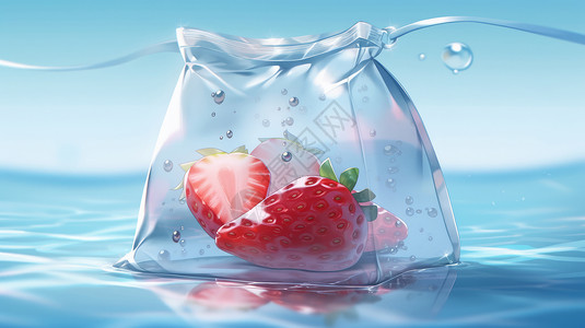 美味诱人的卡通草莓在蓝色的水里冒泡图片